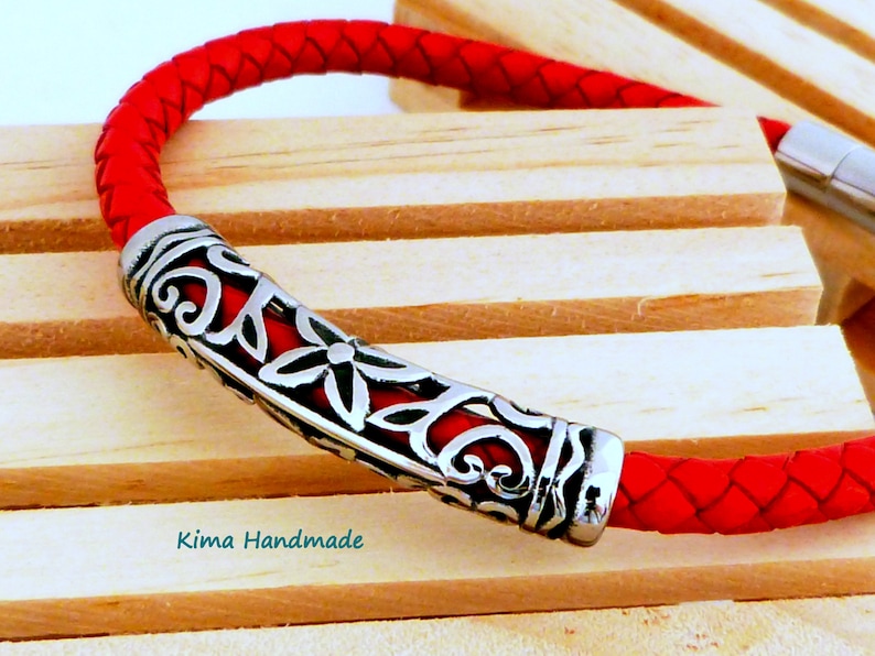 Unisex leather bracelet, round red leather bracelet, stainless steel interpiece bracelet, gift for men and women, Father's Day, Mother's Day gift image 1