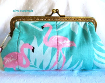 Purse with mouthpiece, wallet with mouthpiece, flamingo fabric wallet, pretty fabric wallet, fashion fabric wallet, women's gift, girls' gift