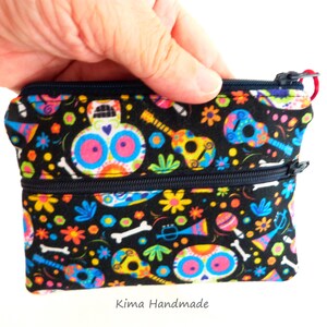 Mexican skull fabric wallet, two zipper wallet, gift wallet, women's gift wallet, unisex wallet, handmade fashion wallet image 2