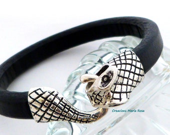 Pulsera cuero negro  hombre,  pulsera cierre serpiente, regalo para hombre, regalo dia del padre, pulsera original,