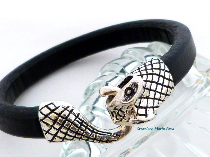 Bracelet homme cuir noir, bracelet fermoir serpent, cadeau pour homme, cadeau fête des pères, bracelet original, image 1