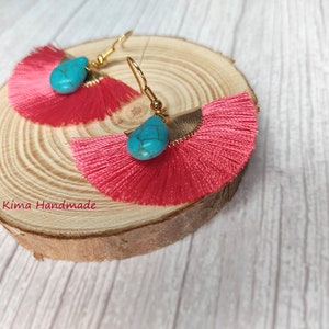 Fan earrings, dangling earrings, gold, coral and turquoise earrings, turquoise teardrop earrings, gift earrings image 1