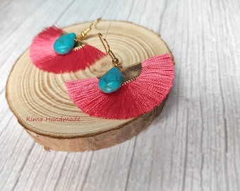 Fan earrings, dangling earrings, gold-colored, coral, and turquoise earrings, turquoise teardrop earrings, gift earrings