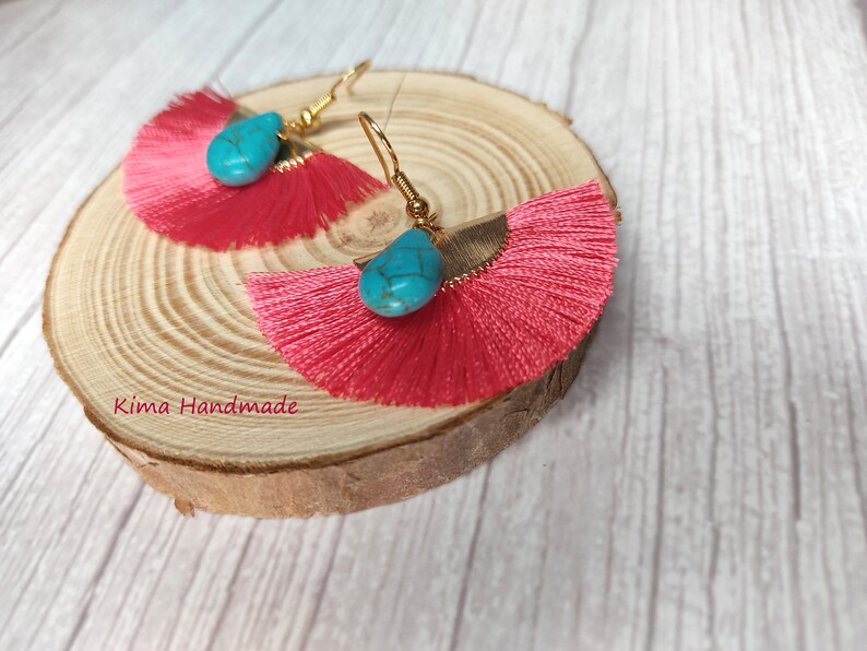 Fan earrings, dangling earrings, gold, coral and turquoise earrings, turquoise teardrop earrings, gift earrings image 1