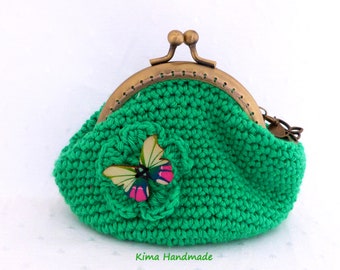 Monedero de ganchillo con boquilla metálica, cartera de ganchillo, monedero color verde, monedero hecho a mano, cartera para mujer regalo