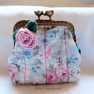 Purse with a mouthpiece, fabric purse, handmade purse, fabric wallet, crochet flower purse, women&#39;s purse, women&#39;s wallet, gift