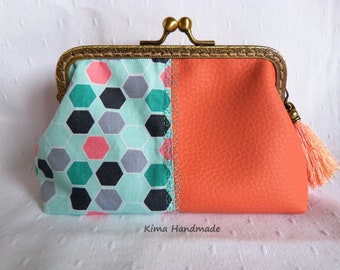 Purse with a flap, women's purse, vegan wallet, fabric and leatherette wallet, handmade purse, gift for women, coral-colored wallet