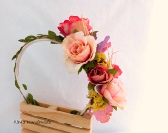 Bruidshoofdtooi, bruidshoofdband, boho bruiloft tiara, land bruiloft tiara, hoofdband met kleurrijke bloemen, handgemaakte tiara, stoffen bloemen