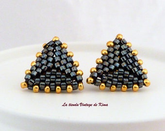 Pendientes botón peyote negro/dorado