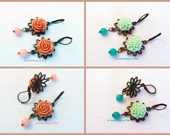 Pendientes largos , aretes largos con flores, aretes estilo vintage,aretes para mujer,aretes flores rosa antiguo ,aretes flor verde y ágatas