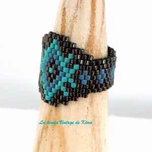 Peyote ring, boho ring, handmade, crystal miyuki, blue and black, ring image 3