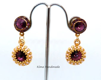 Stud earrings dangling earrings gift for girlfriend handmade earrings amethyst, gold and pink earrings Swarovski earrings