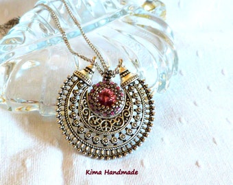 Swarovski pendant, large boho pendant, blush rose cabochon, filigree pendant, handmade, stainless steel chain, ethnic necklace