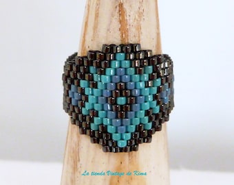 Anillo de peyote, anillo boho, anillo hecho a mano, cristal miyuki, azul y negro, sortija, anillo regalo San valentín, anillo regalo mujer,