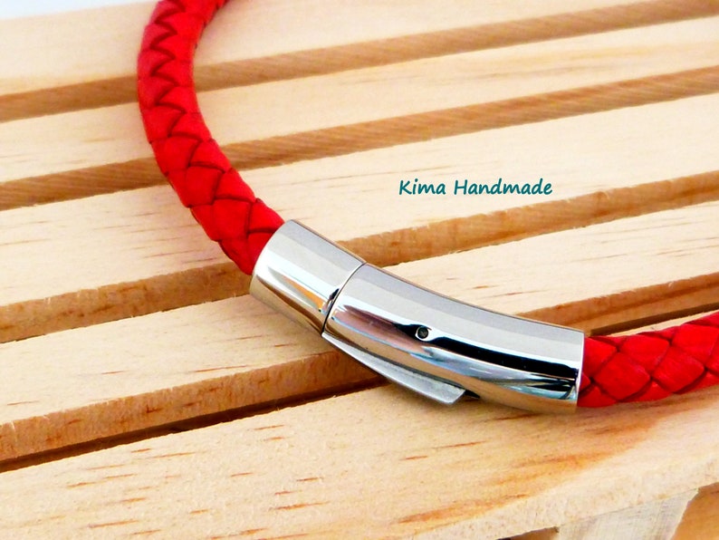 Unisex leather bracelet, round red leather bracelet, stainless steel interpiece bracelet, gift for men and women, Father's Day, Mother's Day gift image 3