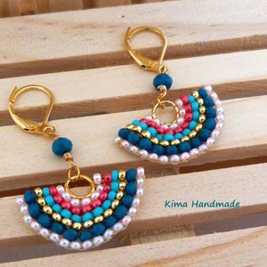 small fan earrings, colorful earrings, boho earrings, hippie earrings, earrings for women fashion earrings, blue rose gold earrings image 4