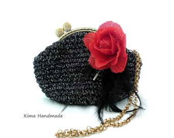 Small party bag, crochet bag, small black and silver bag, small flower and feather handbag, wedding guest bag