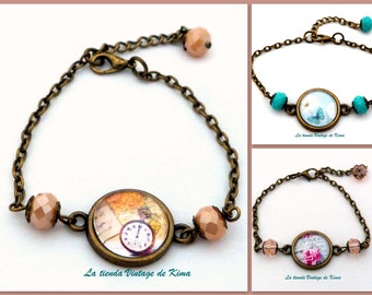 Pulseras estilo vintage con imagenes, pulsera con reloj, pulsera rosa,pulsera azul,pulsera regalo mujer,pulsera con cuentas,camafeo con dama