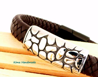 Braided leather and stainless steel bracelet for men, Father's Day gift, brown leather bracelet, black magnetic closure bracelet