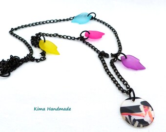 necklace for girl, fun necklace, black chain necklace, necklace with colorful leaves, necklace with girl charm, handmade necklace