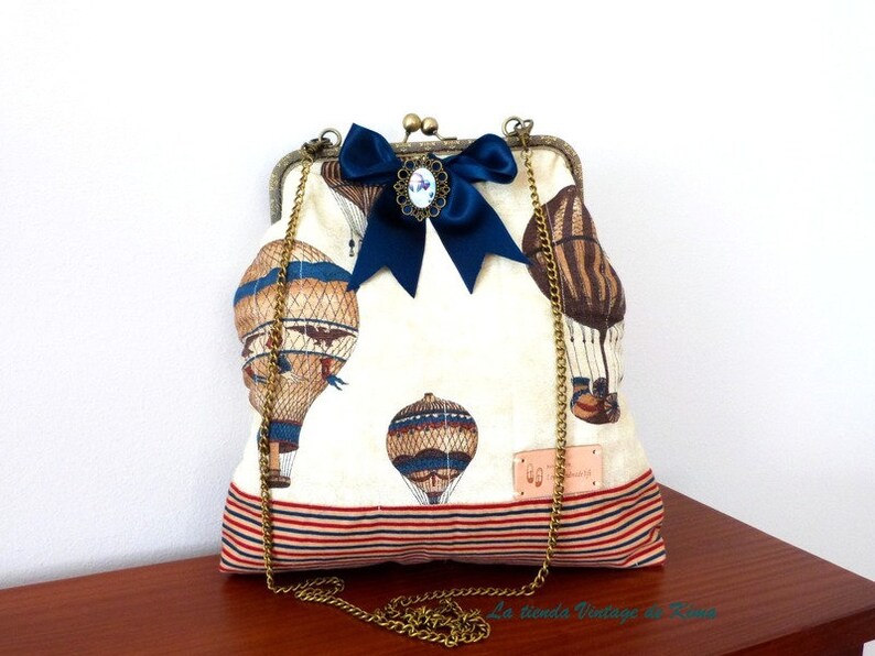 Fabric bag with nozzle, vintage style bag, cloth bag balloons, handmade bag, red and blue, large capacity bag, cameo image 4