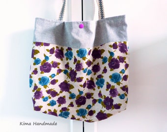 Tote bag estampado flores, tote bag floral, tote bag para mujer, bolsa hecha a mano, bolsa de tela combinada, tote bag regalo morada y azul