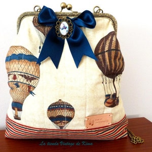 Bolso con boquilla tela, bolso estilo vintage, bolso tela globos, bolso hecho a mano, lazo azul, rojo y azul, bolso gran capacidad, imagen 2