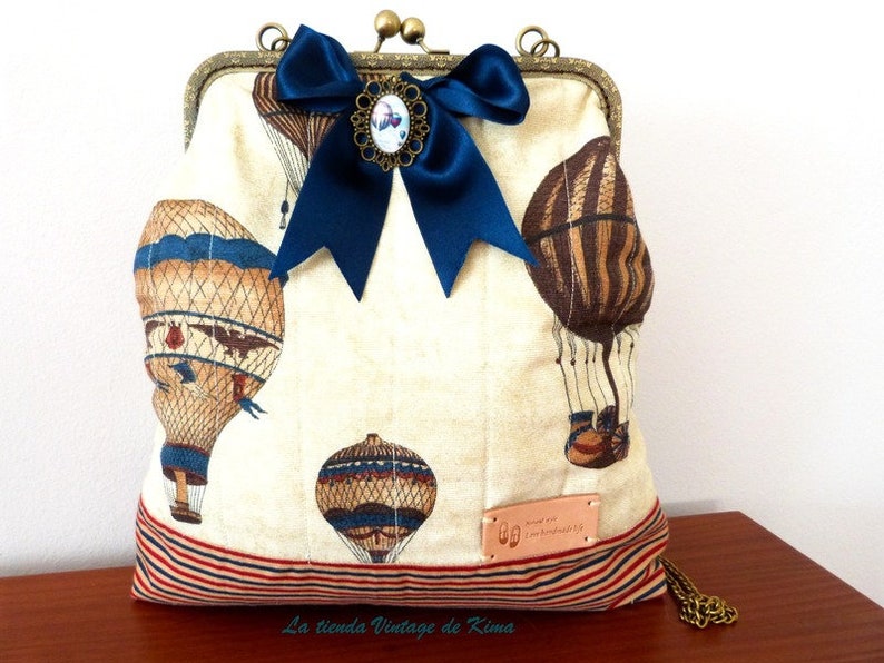 Bolso con boquilla tela, bolso estilo vintage, bolso tela globos, bolso hecho a mano, lazo azul, rojo y azul, bolso gran capacidad, imagen 2