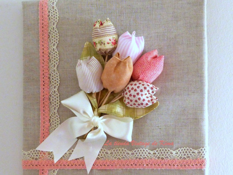 Cuadro tulipanes de tela,decoración de pared cuadro tulipanes rosados,regalo inaguración casa,adorno colgar en la pared, cuadro hecho a mano imagen 2