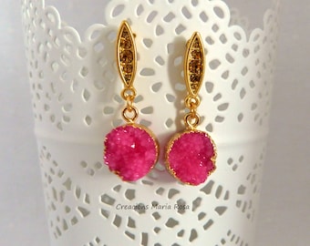 Pendientes con piedra natural druzy,pendientes dorados y rosa,pendientes elegante,aretes novia,aretes invitada perfecta,aretes hechos a mano