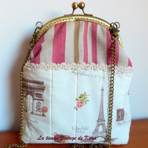 Bolso de tela con boquilla, bolso al hombro de tela para mujer, bolso tela estampada París, bolso de mujer hecho a mano, bolso con cadena imagen 4