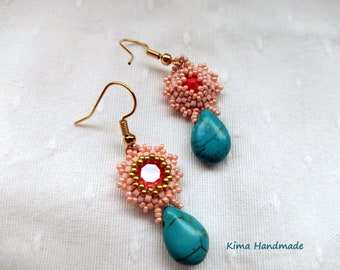 Turquoise and coral earrings, dangling earrings, turquoise teardrop earrings, handmade earrings, gold hook earrings, women's earrings