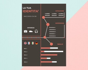 Könnte beinhalten: Eine schwarz-weiße Infografik mit dem Titel "La Tua Identita'" und dem Text "Racconta Chi Sei". Die Infografik enthält Abschnitte für Interessen, Bildung, Erfahrung und Fähigkeiten. Der Abschnitt Interessen enthält Symbole für eine Kamera, einen Schuh und Kopfhörer. Der Abschnitt Bildung enthält das Wort "Laurea" und die Jahre 2010/2011. Der Abschnitt Erfahrung enthält das Wort "Esperienza" und eine Liste von fünf Erfahrungen. Der Abschnitt Fähigkeiten enthält eine Liste von fünf Fähigkeiten mit einem Balkendiagramm neben jeder Fähigkeit.