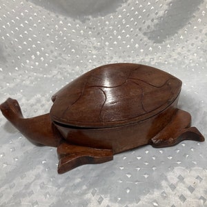 Wood Mid Century Hand Carved Hand Stained Wood Turtle Trinket Box