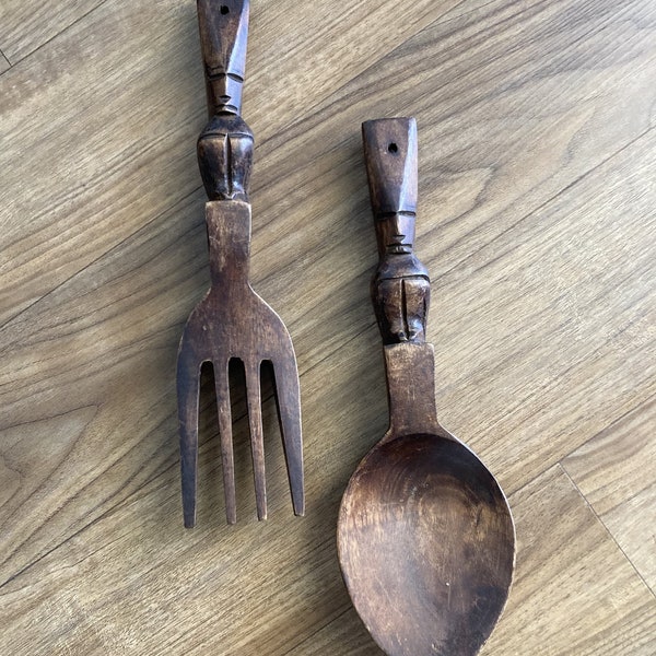 Vintage 1970s Hand Carved Wood Tiki Man Salad Tongs Wall Art