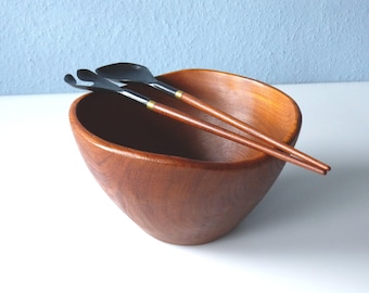 Organic salad bowl and salad servers made of teak