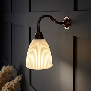 Porcelain Wall Light Short Swan Neck, Handmade With Translucent Warm Ceramic Shade Antique Brass Fittings - Dudley
