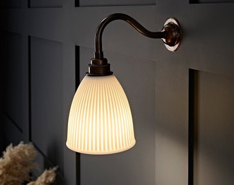 Porcelain Wall Light Short Swan Neck, Handmade With Translucent Warm Ceramic Shade Antique Brass Fittings - Dudley