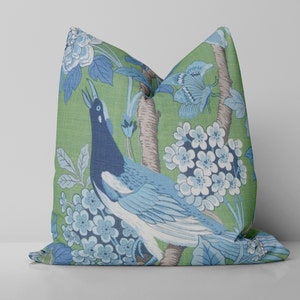 Bird and Hydrangea  Pillow Cover / Emerald Blue