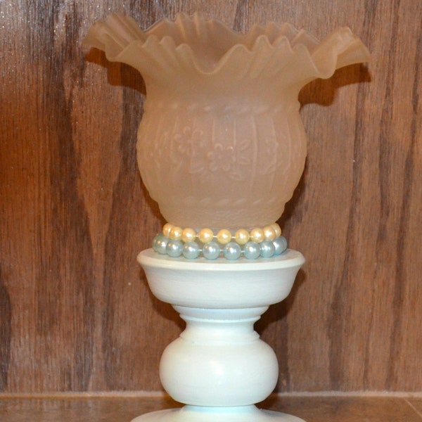 Upcycled Unique Shabby Chic Glass Pedestal Candleholder, Vintage Inspired Frosted White Glass Shade Votive Holder, Gift Idea Votive Holder