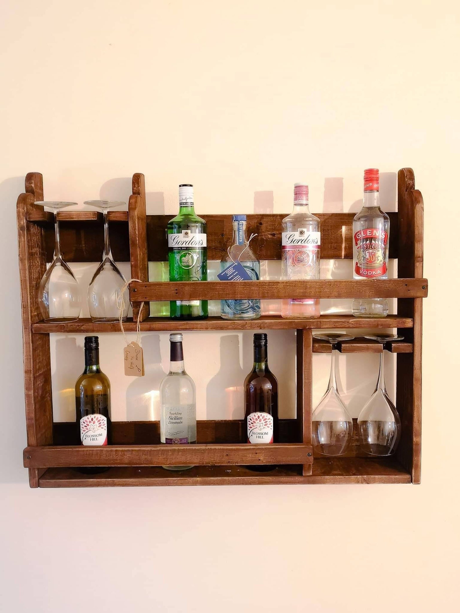 Rustic wall mounted drink display shelf unit with glass holder Etsy
