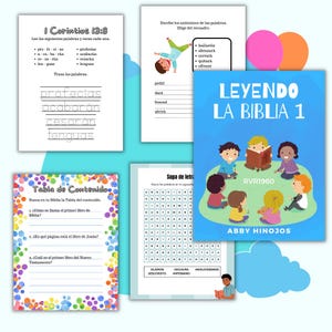 Op de afbeelding: Een verzameling educatieve werkbladen en een boek getiteld "LEYENDO LA BIBLIA 1" met illustraties van kinderen. De werkbladen bevatten woordtracering, antoniemen, een woordzoeker en een inhoudsopgave. De boekcover is blauw.