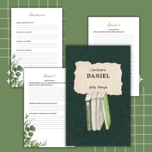 May include: A collection of study materials featuring a dark green cover with the title "Cuestionario DANIEL" and the author's name, Abby Hinojos. The image includes several pages with questions and lined spaces for answers, along with decorative floral elements.