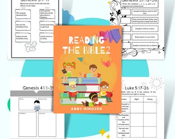 May include: A collection of Bible study worksheets and a book titled "Reading the Bible 2." The book cover is orange with illustrations of children reading. Worksheets include fill-in-the-blanks and matching exercises for various Bible stories.