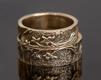 Tree Wedding Band Set,  Matching Tree bands,  Tree rings set, His and Her wedding ring, Mens tree band, Womens tree ring, Silver bark rings