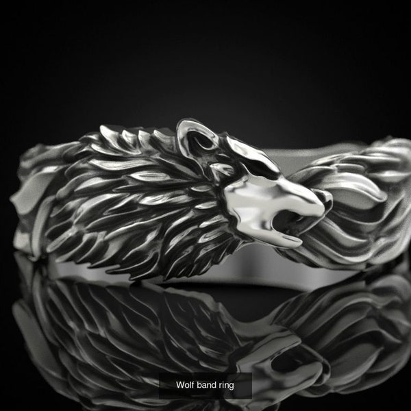 Wolf wedding band, Nature, Animal lover rings