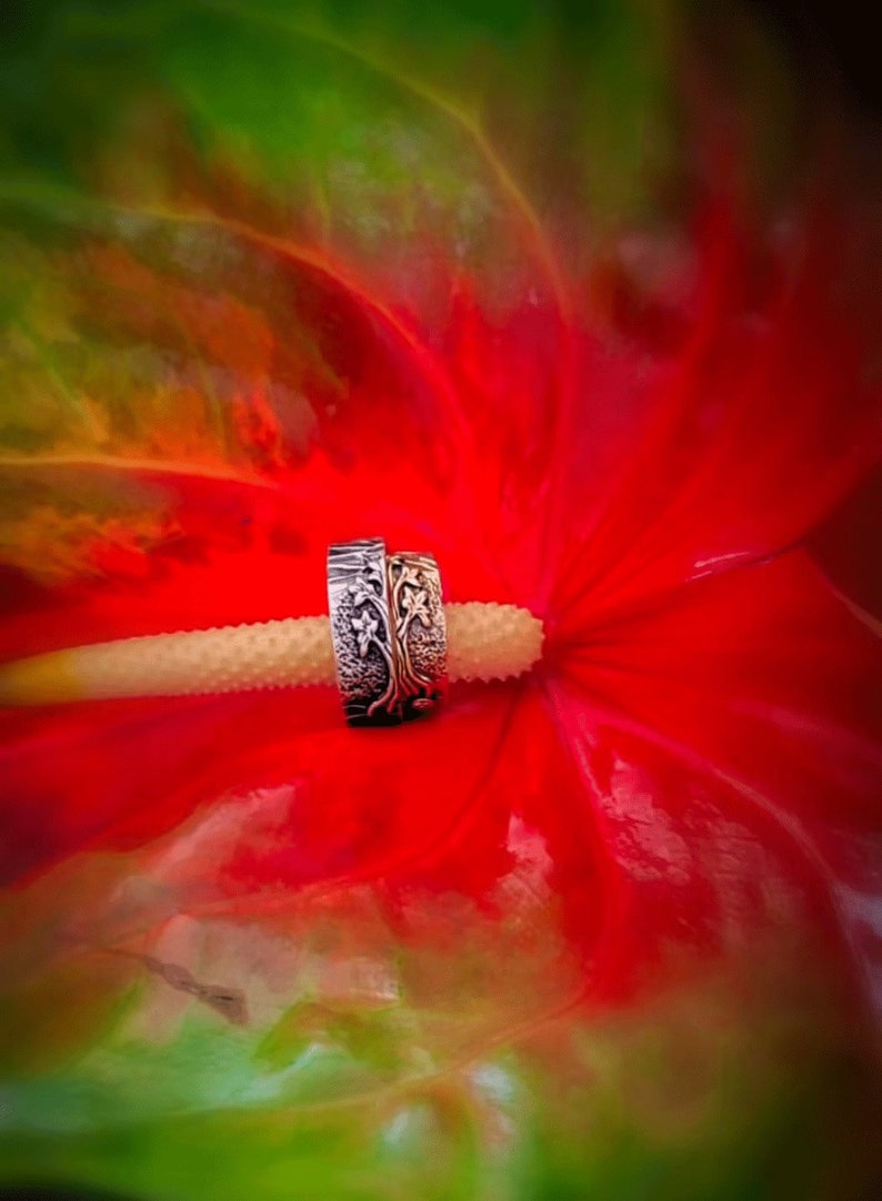 Tree Wedding Band Set Matching Tree Bands Tree Rings Set Etsy