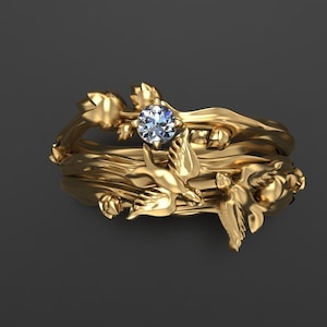 Diamond Wedding Tree Twig Ring with birds ** Gold,Twig Ring, Forest Jewelry