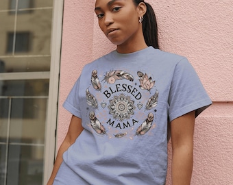 Blessed Mama T-Shirt: Feather Mandala Mom Love Tee
