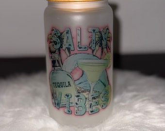 Salty Vibes Frosted Glass Cup: Beach Theme 16oz Tumbler